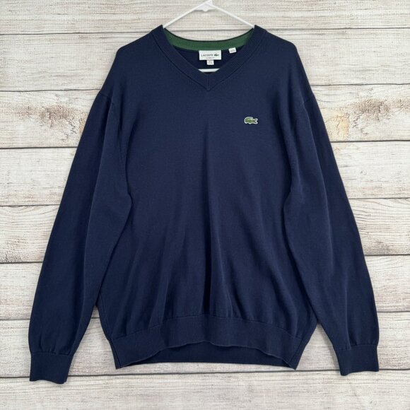 Lacoste Sweater Mens 2XL Navy Blue Classic Fit V Neck Pullover Cotton XXL Logo - Picture 1 of 10